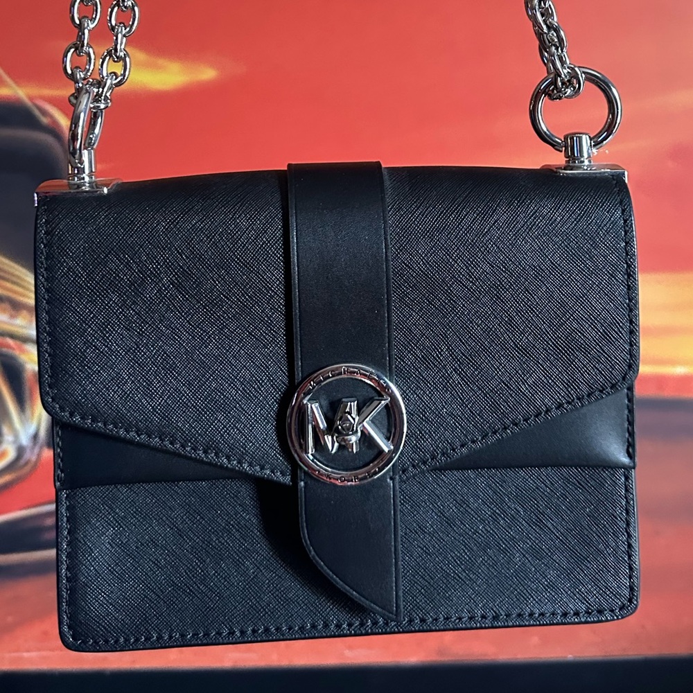 Michael Kors Black Greenwich Small Saffiano Leather Silver Crossbody EUC